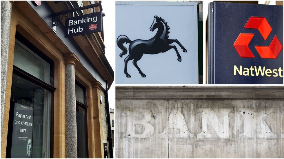 Banking hub, Lloyds sign, NatWest sign and abandoned bank sign 