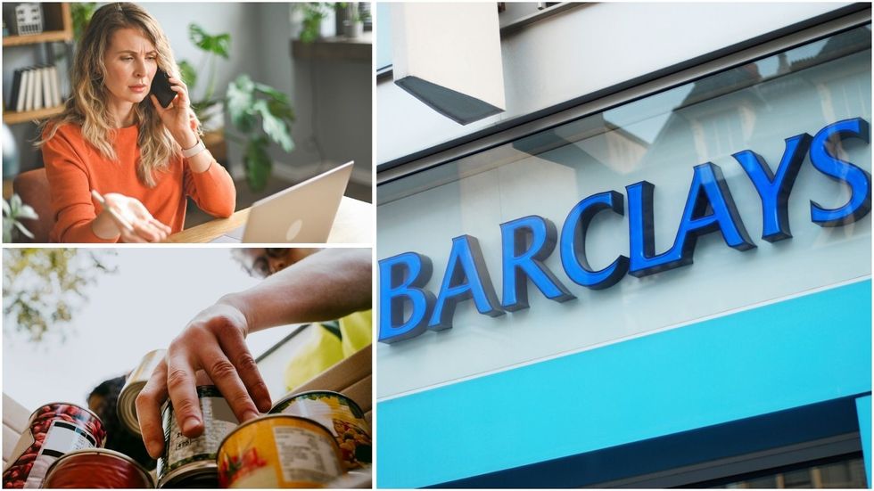 Barclays bank, woman on phone and food bank