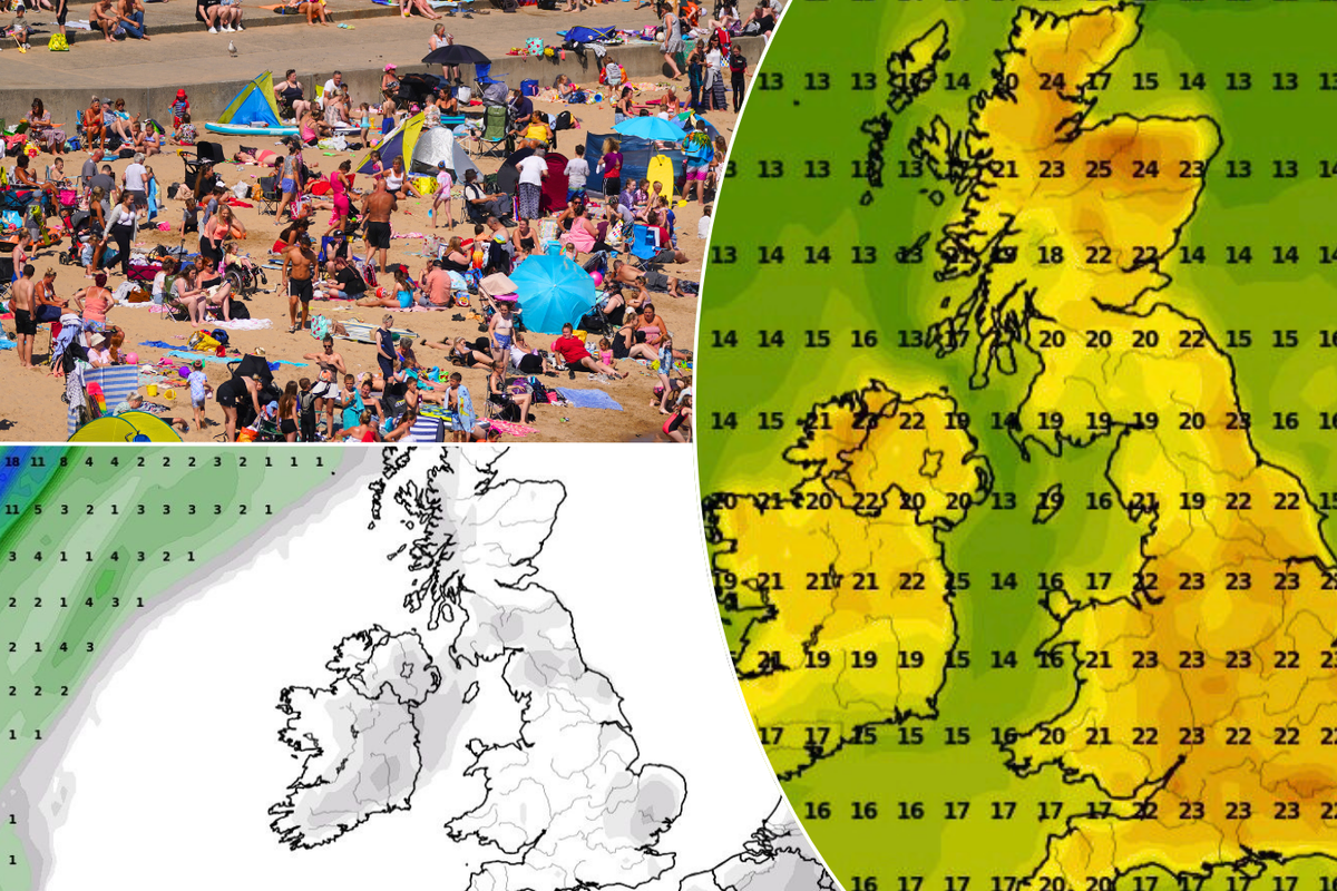 Beach in hot weather/rainfall and temperature maps of the UK and Ireland