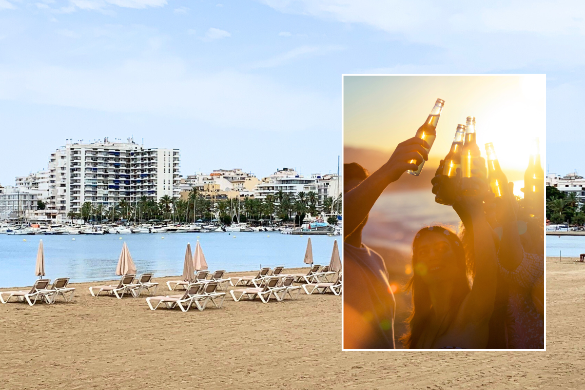 Beach in Ibiza / people drinking beer on beach