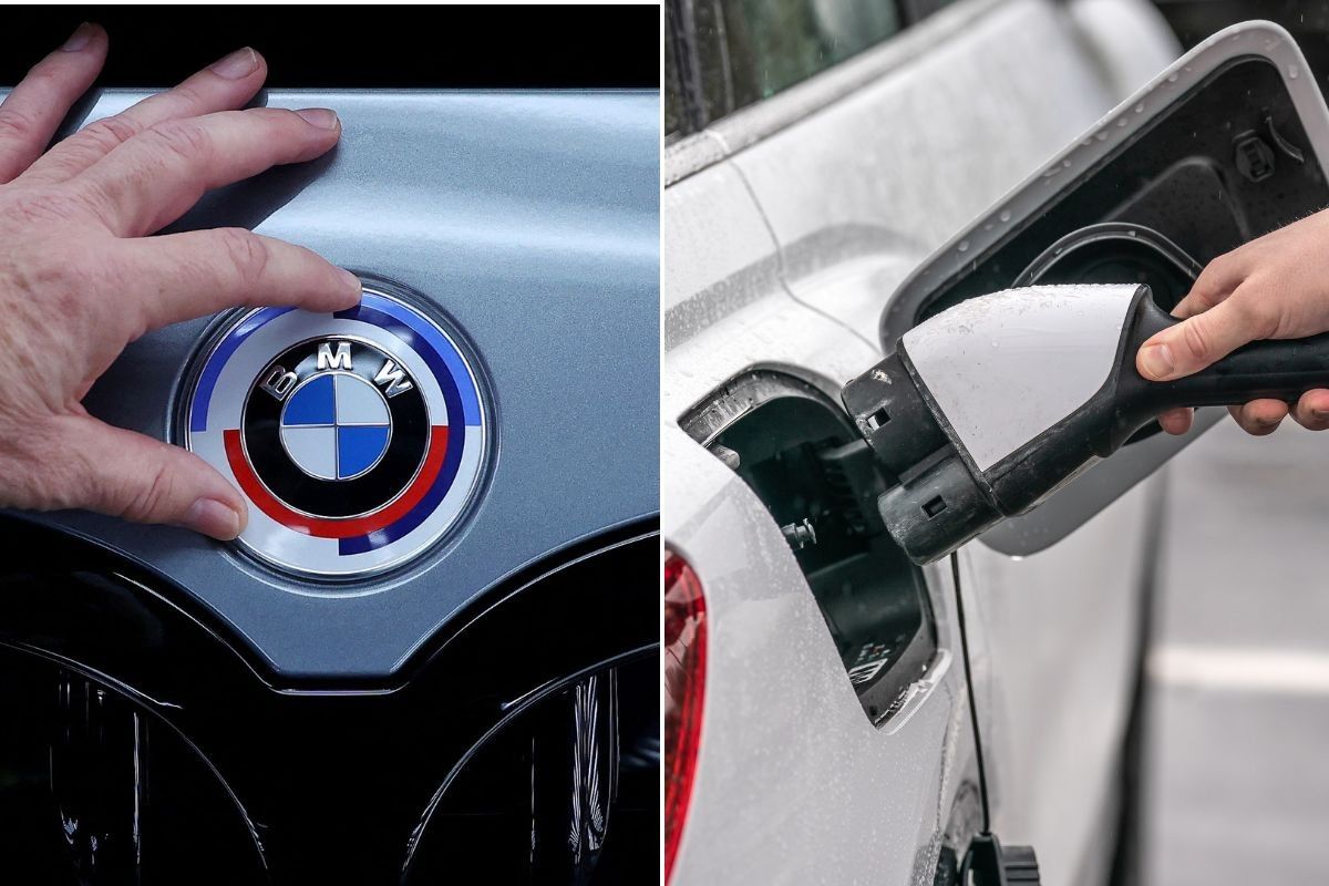 BMW logo and an electric car charging