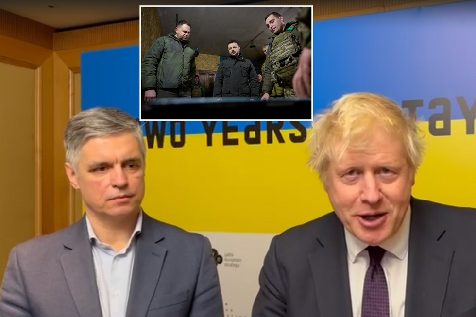 Boris Johnson and Vadym Prystaiko with inset of Volodymyr Zelenskyy on front lines