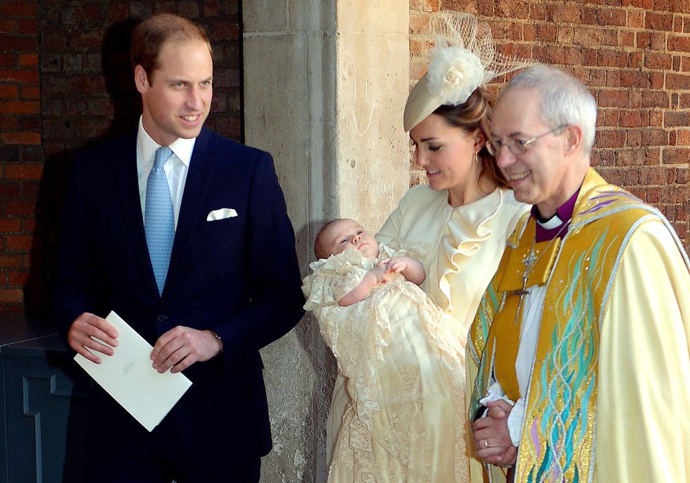 Britain's Prince William, Duke of Cambridge, and his wife Catherine, Duchess of Cambridge, leave with their son Prince George of Cambridge following his Christening by the Archbishop of Canterbury