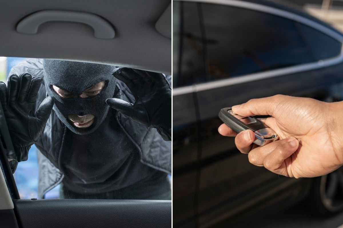 Burglar looking into a car window and a keyless car
