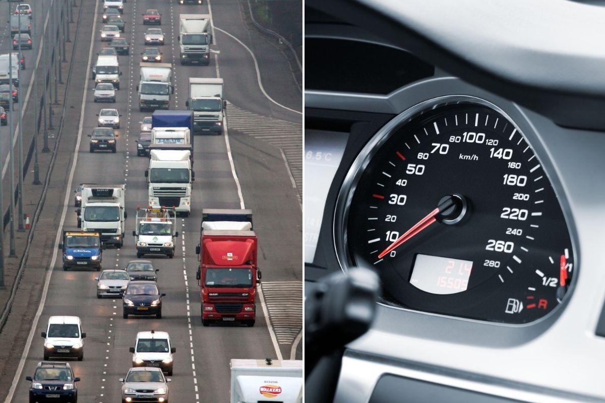 Busy motorway and speedometer