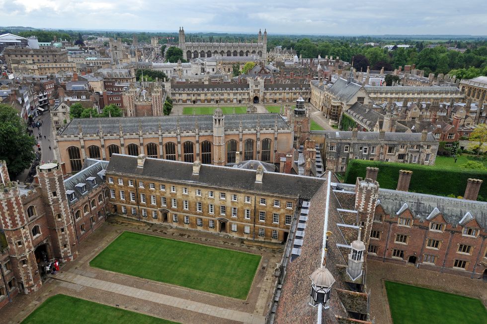 Cambridge University buildings, (front to back) the Grand Courtyard of St John's College, Trinity College, Senate House and the Old Schools, Gonville & Caius College and King's College Chapel