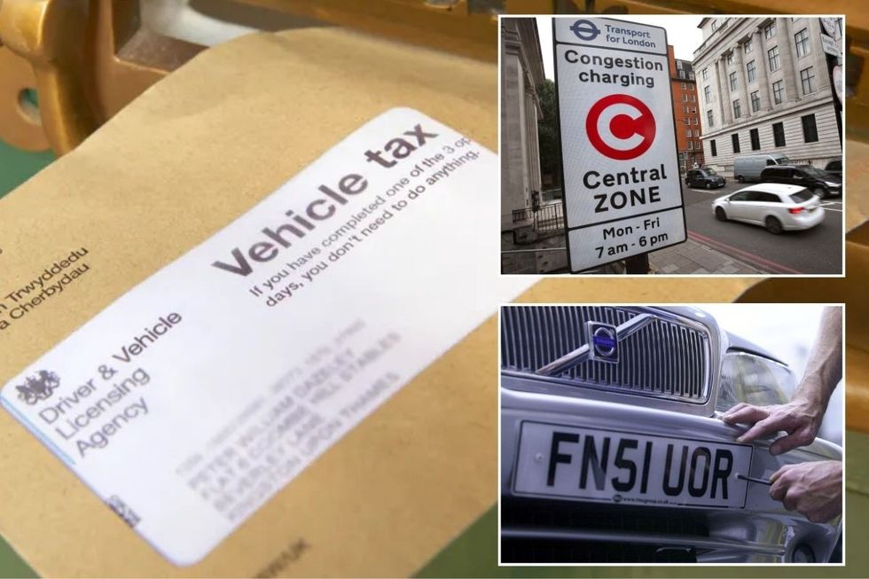 Car tax letter, Congestion Charge sign and a number plate