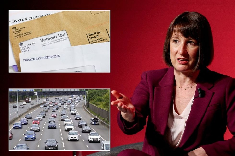 Car tax reminder letter, busy road and Chancellor Rachel Reeves