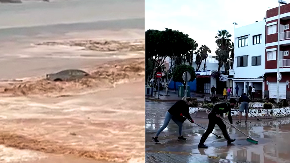 Car washed out by floods/Locals sweeping streets