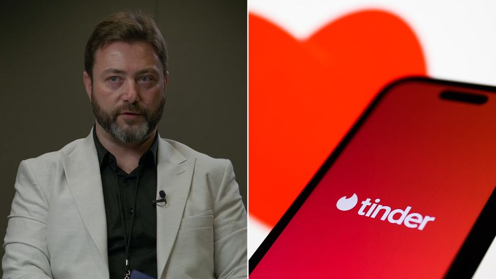 Carl Benjamin and Tinder logo