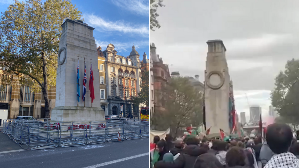 Centotaph with barriers around it/cenotaph surrounded by pro-Palestine supporters