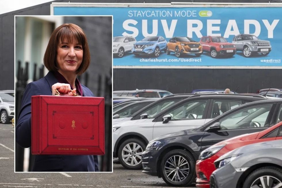 Chancellor Rachel Reeves with the Budget and a used car forecourt