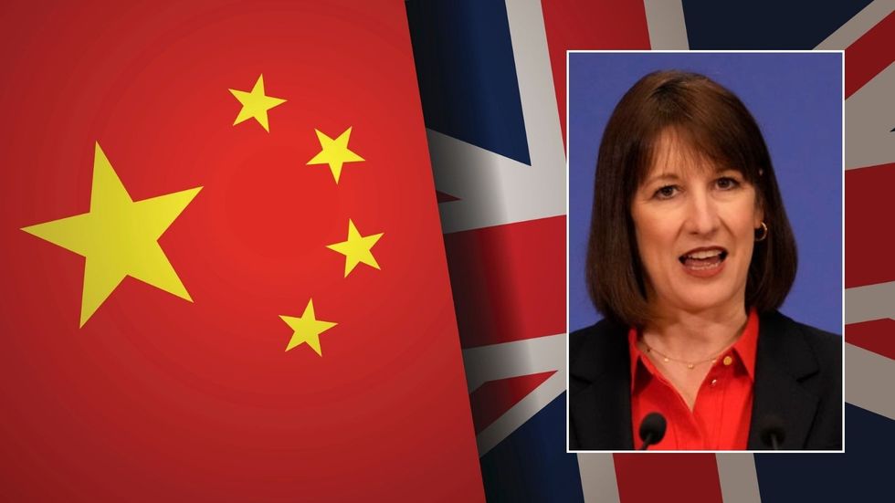 Chinese flag, union jack and Rachel Reeves