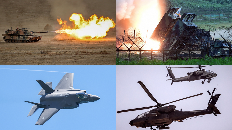 CLOCKWISE: M1 Abrams Tank, ATACMS Missile System, F-35 Fighter Jet, AH-64 Apache Attack Helicopter