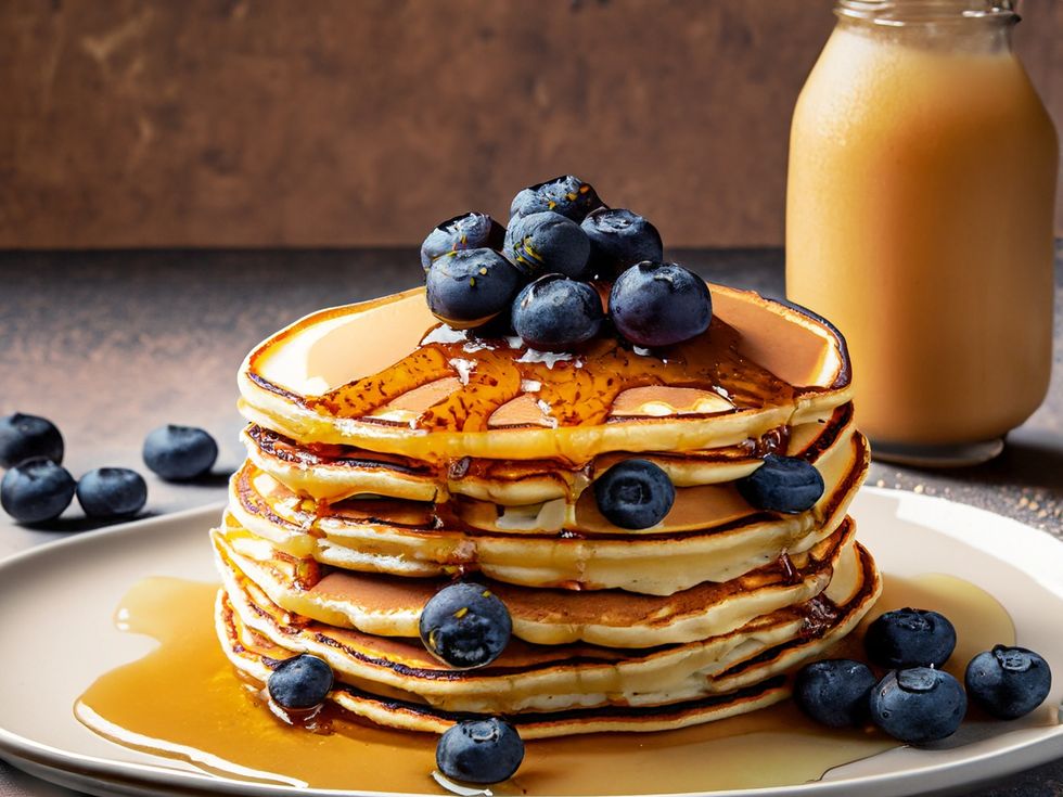 Close-up of a stack of pancakes with blueberries and maple syrup on a plate as healthy breakfast