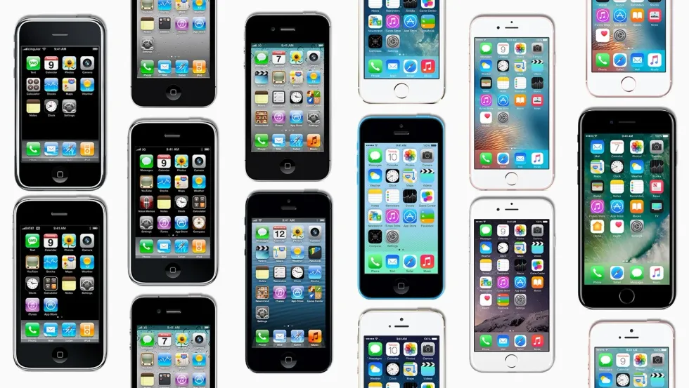 collage of iphone smartphones with home button