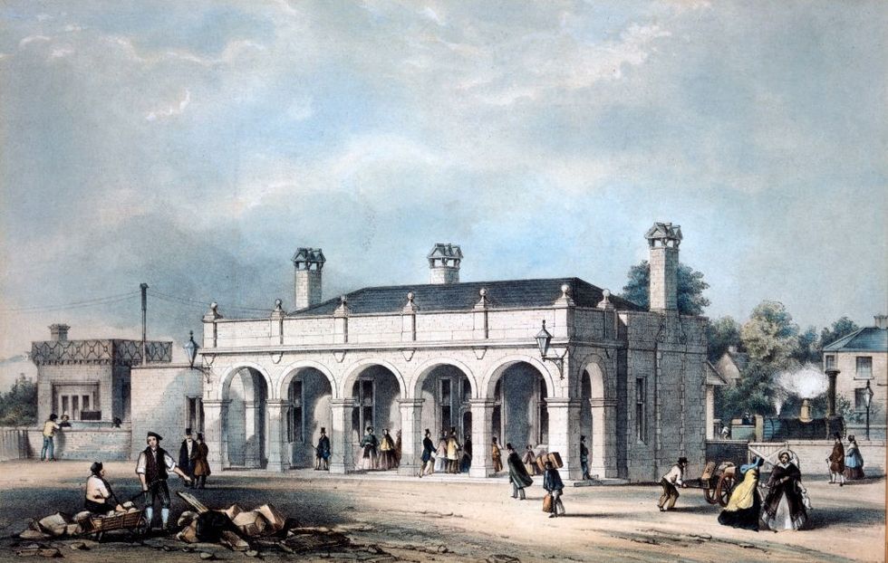 Coloured lithograph of Leek Railway Station circa 1840