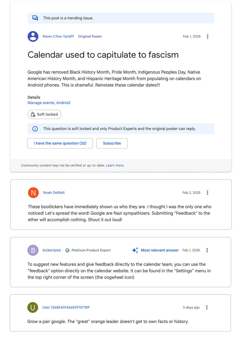 complaints from Google Calendar users who aren't happy about the shakeup to cultural calendar