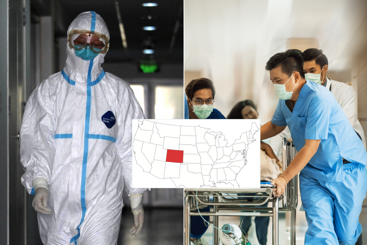 Composite image of a man in a face mask, map of America and busy hospital ward 