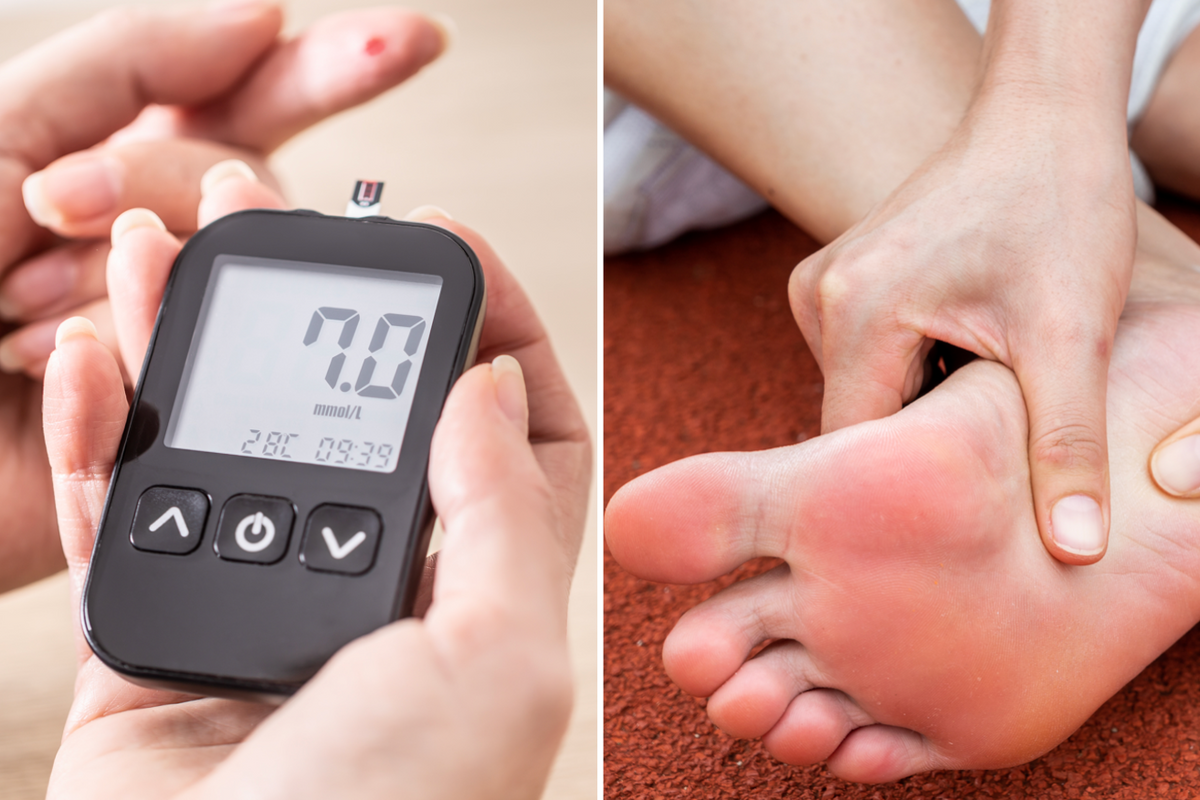 Composite image of a person getting blood sugar levels tested and foot pain
