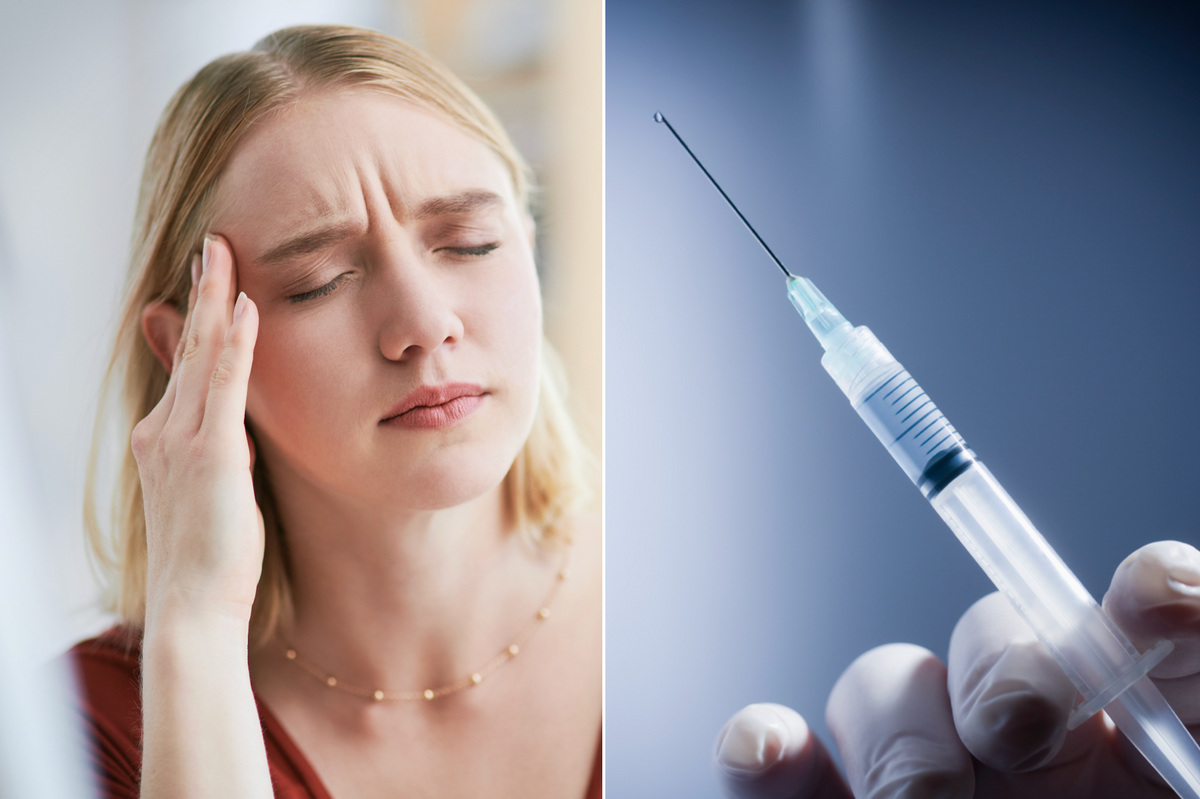 Composite image of a woman with a headache and a vaccine 