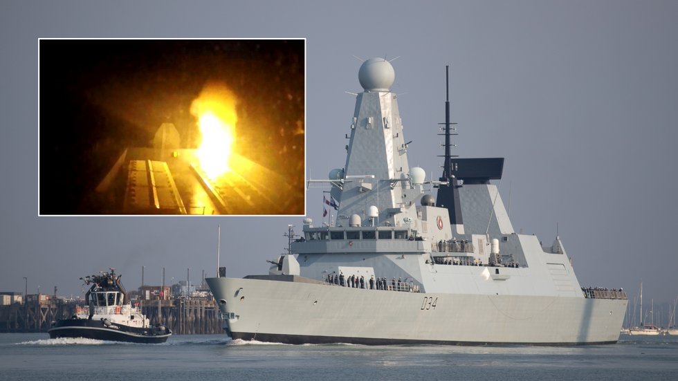 Composite of HMS Diamond and missile strike footage