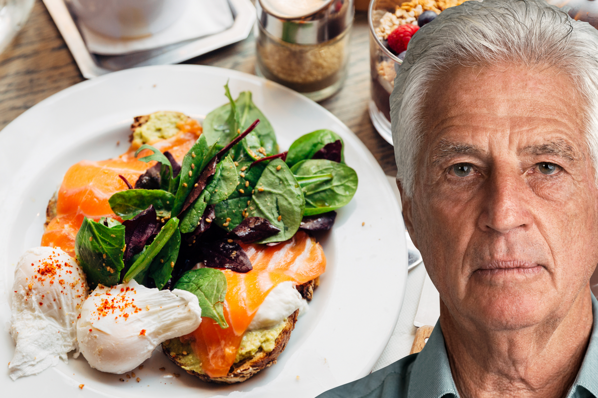 Composition image of eggs and older man