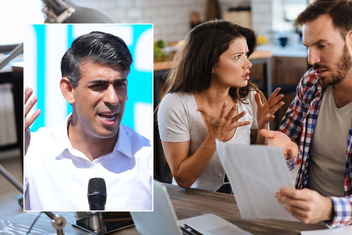 Couple going over finances and Prime Minister Rishi Sunak on campaign trail 