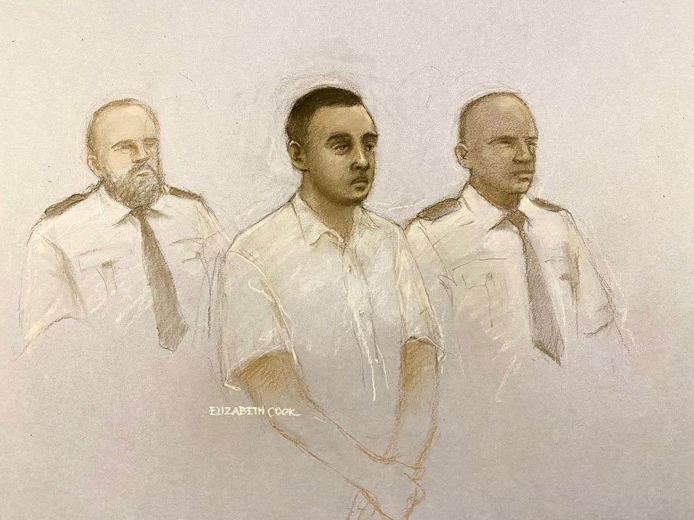 Court artist sketch by Elizabeth Cook of Nasen Saadi appearing at Winchester Crown Court