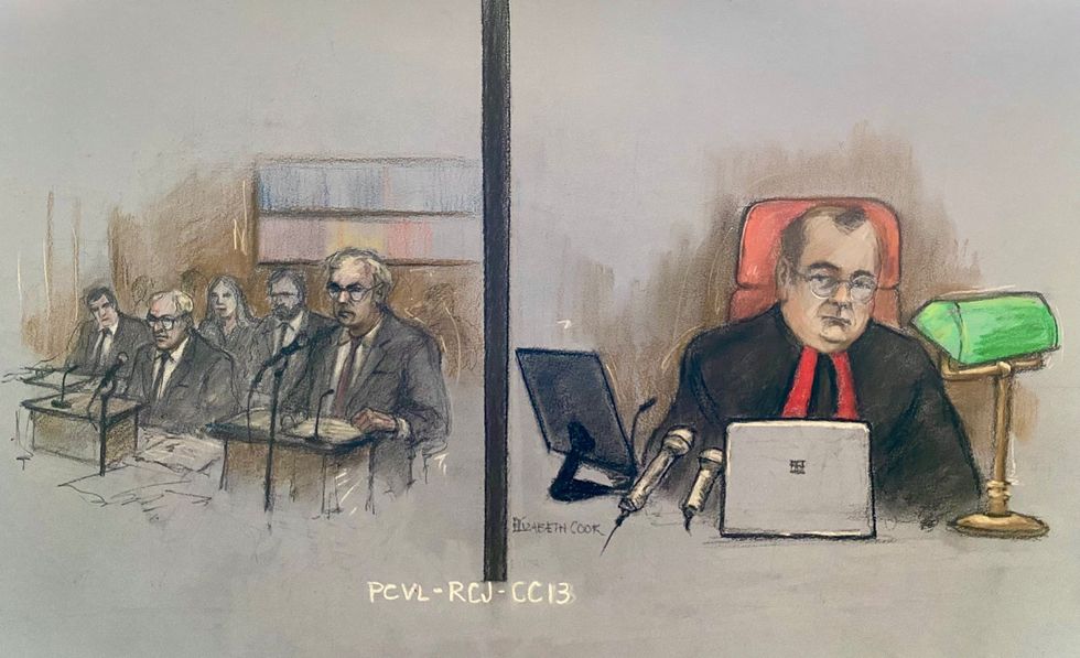 Court artist sketch split screen video link at the Royal Courts of Justice in London, showing Judge Nicklin (right) and counsel (left), for Prince Harry\u2019s libel claim against the publisher of The Mail on Sunday in March 2023