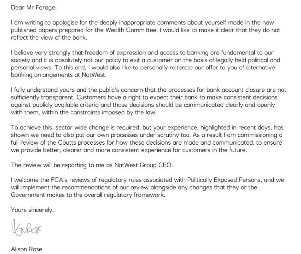 Dame Alison's letter to Nigel Farage in full