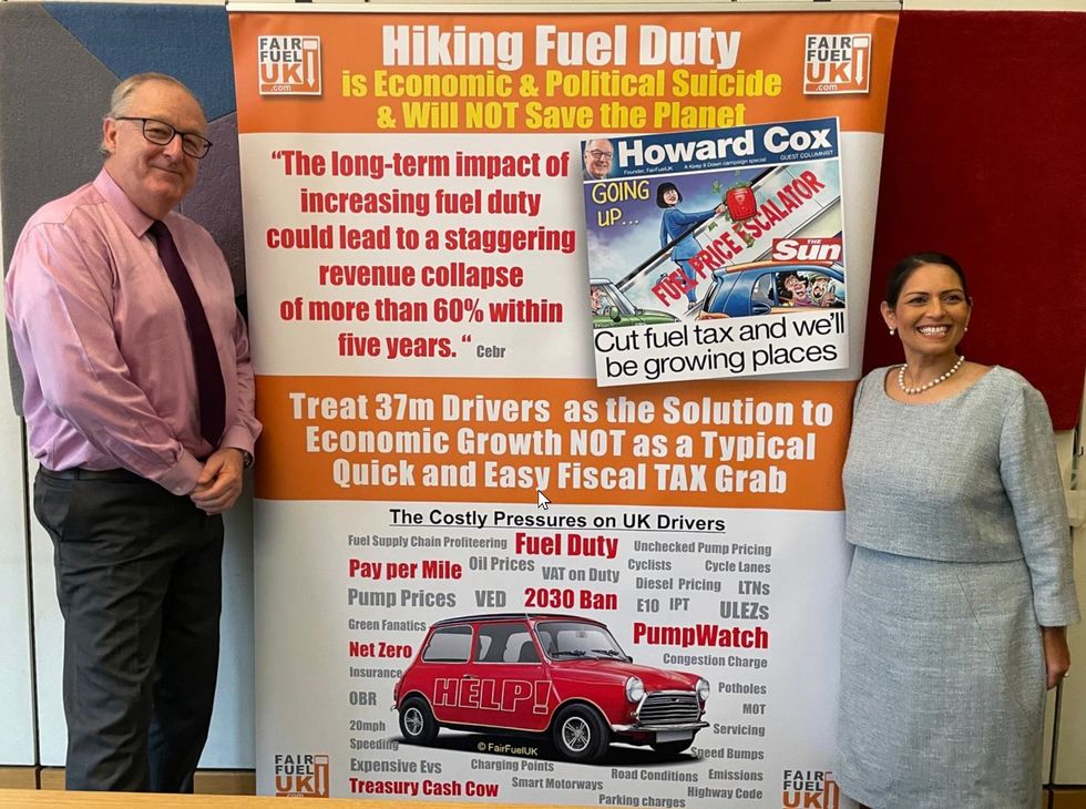 Dame Priti Patel MP with Howard Cox at the FairFuelUK Walk-in Reception in Parliament last week