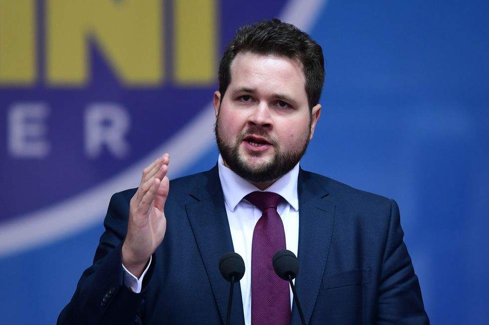 Danish People's Party member Anders Vistisen delivers a speech at a rally of European nationalists ahead of European elections