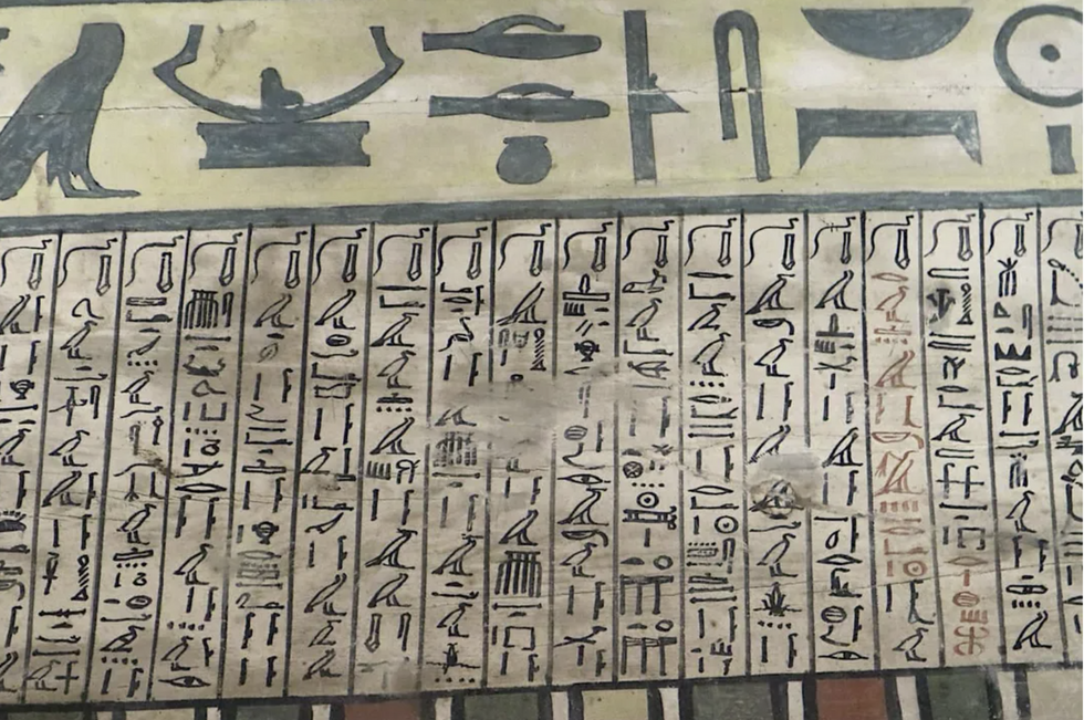 Details of Egyptian hieroglyphics on the interiors and exteriors of the coffins