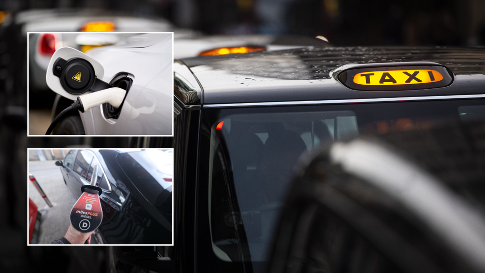 Diesel pump and electric charger near taxi vehicle