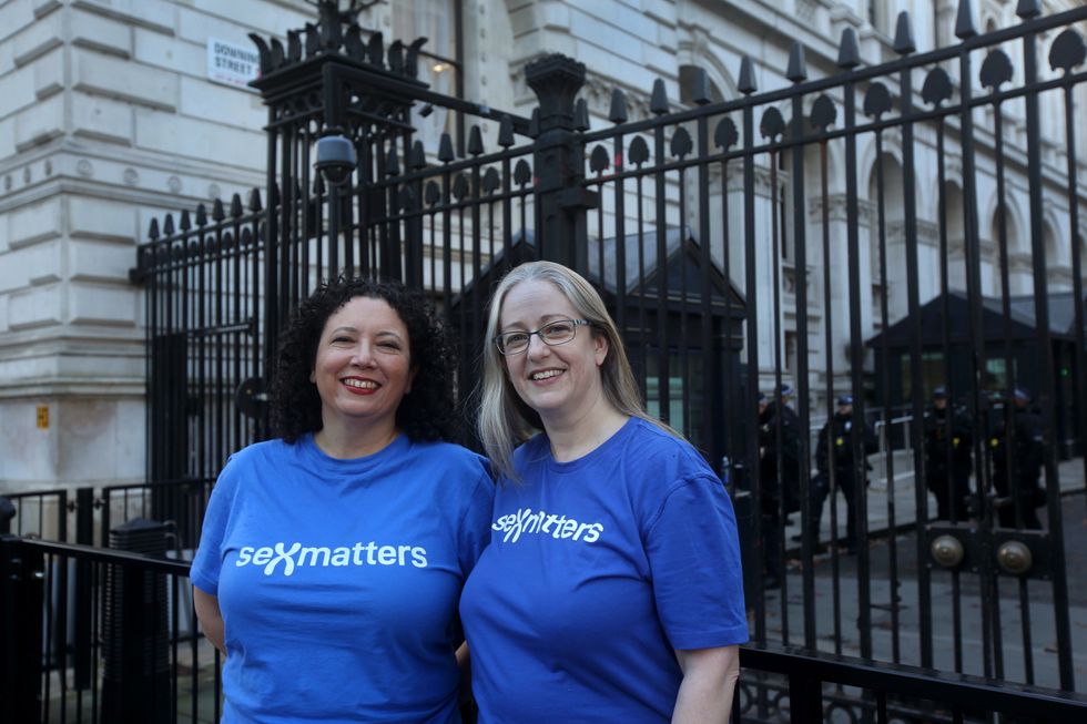 Directors of Sex Matters Maya Forstater and Helen Joyce (right) outside Downing Street on November 9, 2023 in LondoN