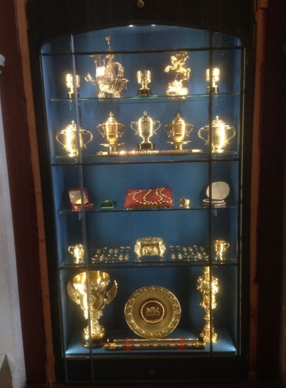 Display cabinet at Arundel Castle in West Sussex from which a set of "irreplaceable" gold rosary beads carried by Mary Queen of Scots to her execution in 1587 were taken, along with other historic treasures worth more than 1 million.