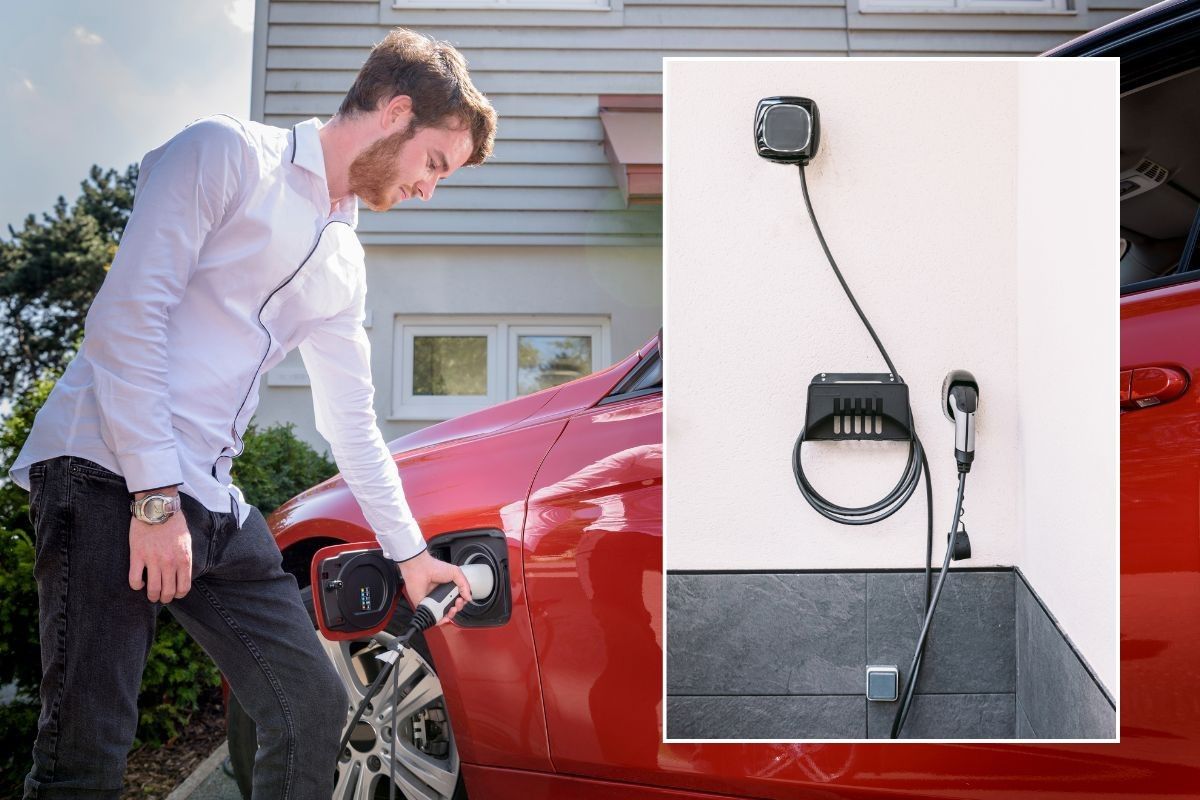 Driver charging electric vehicle and a home EV charger 