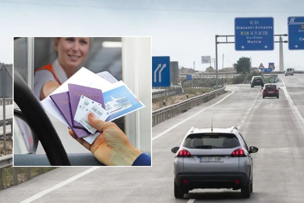 Driver handing over travel documents and a car driving in Spain