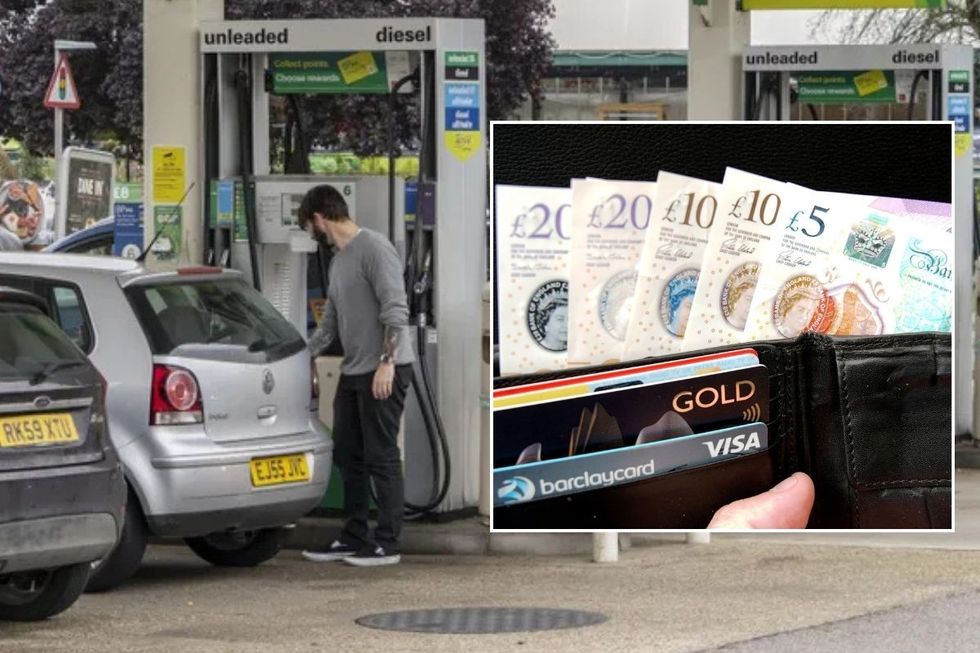 Driver pumping petrol and UK cash in a wallet