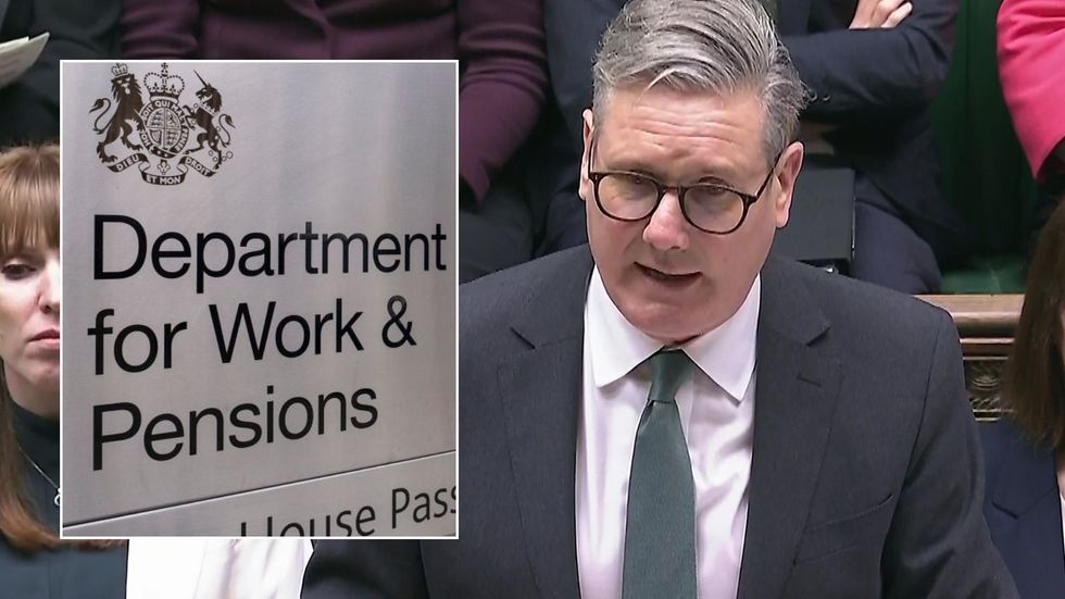 DWP sign and Keir Starmer