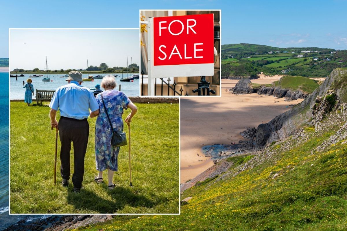 Elderly couple walking in Chichester Harbour / For sale sign / Gower National Landscape
