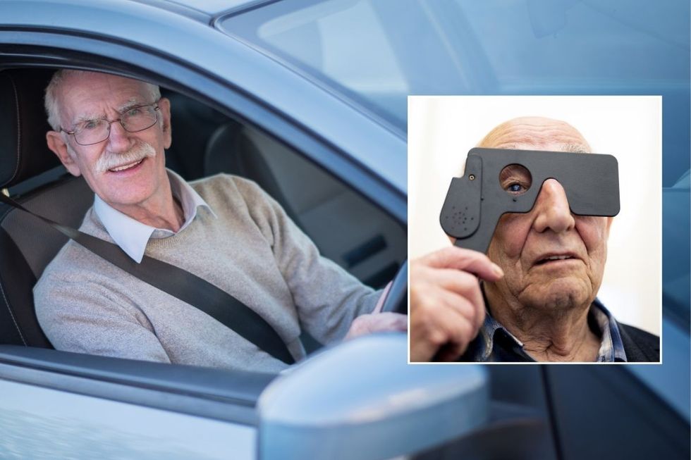 Elderly driver and an old man taking an eye test