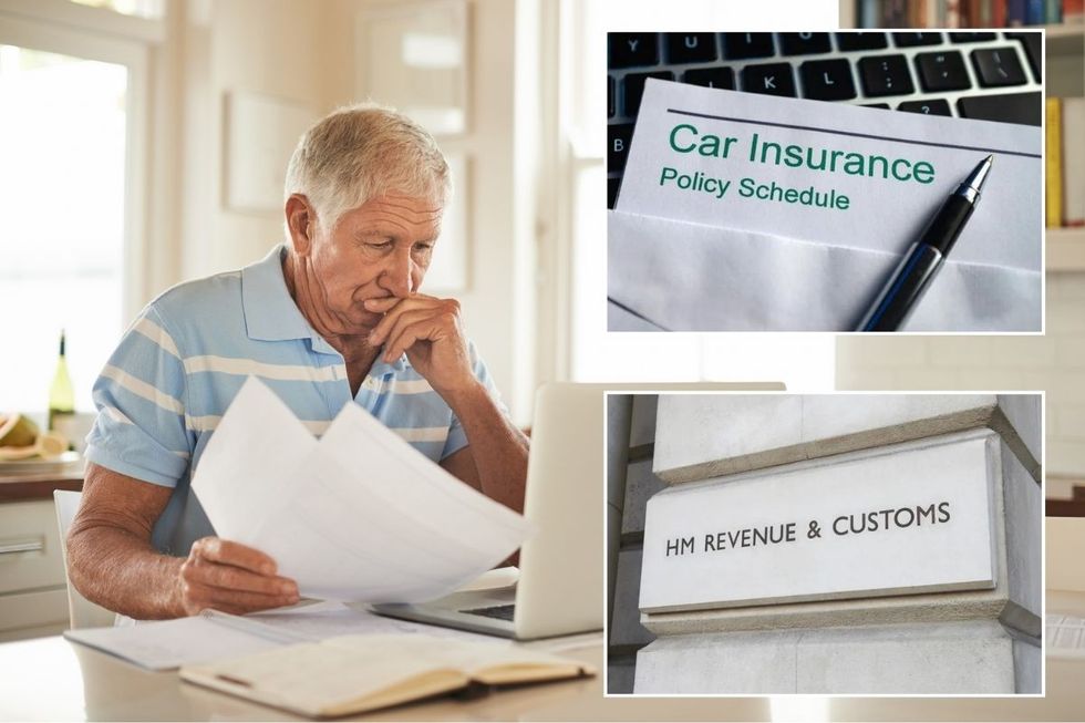 Elderly man checking a laptop, a car insurance policy schedule letter and a HMRC sign