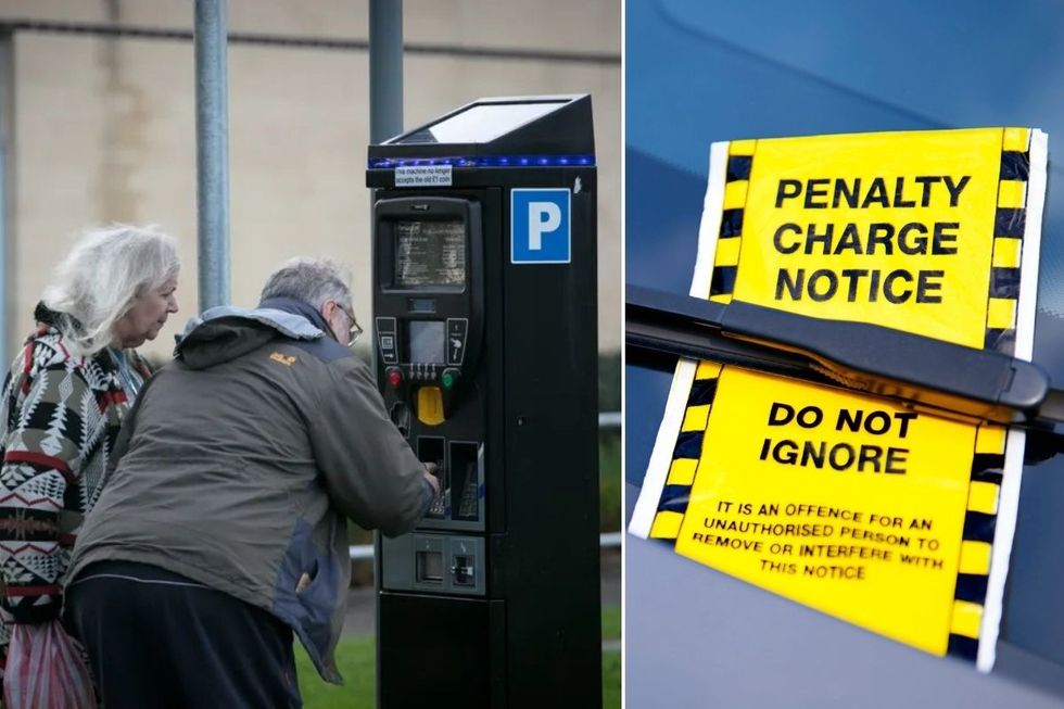 Elderly people paying for parking and a parking fine