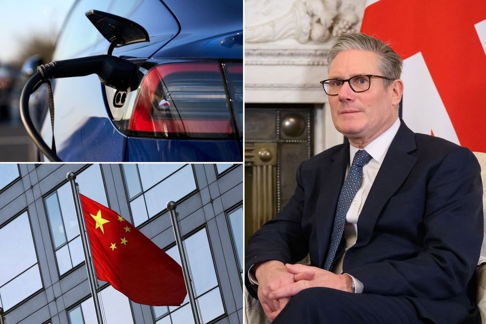 Electric car charger, a Chinese flag and Prime Minister Keir Starmer