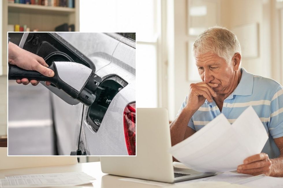 Electric car charging and a concerned man looking for car insurance quotes