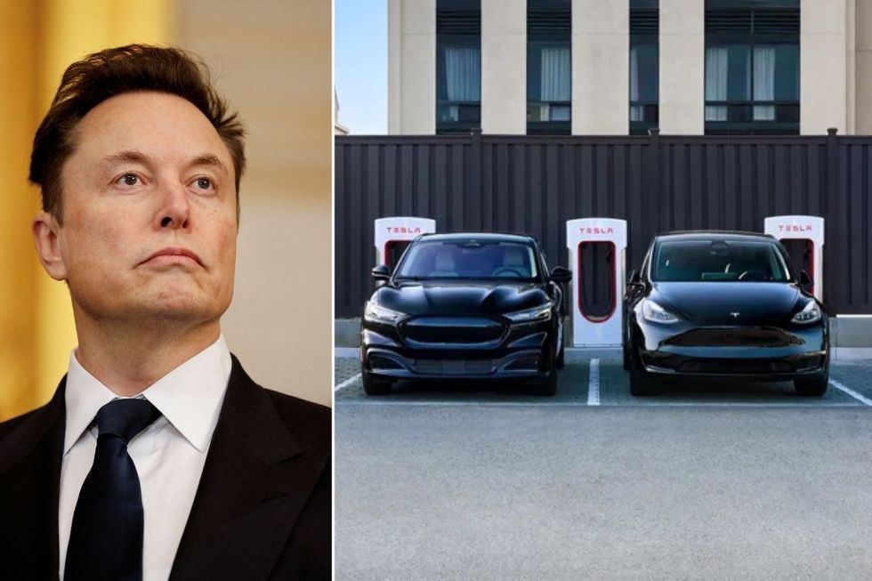 Elon Musk and two Tesla vehicles charging