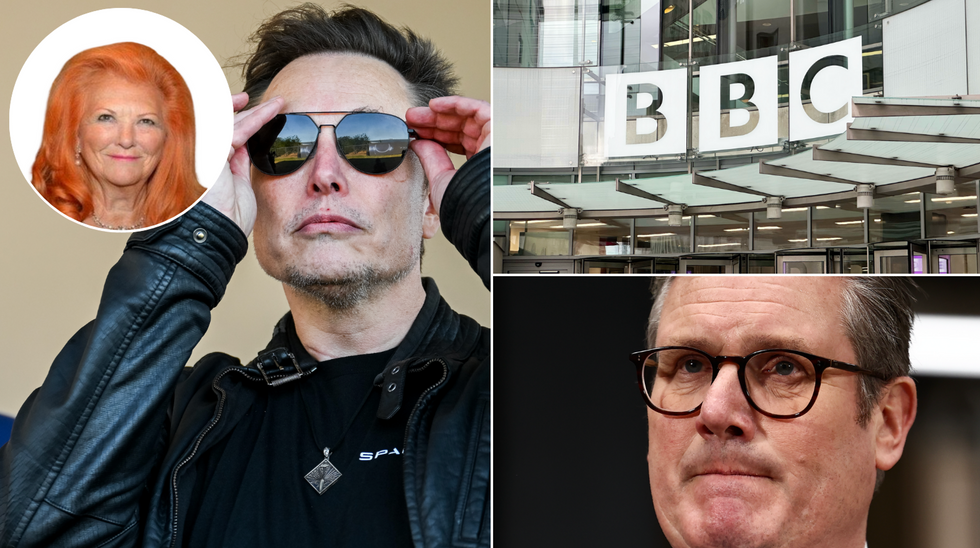 Elon Musk (left), BBC (top right), Keir Starmer (bottom right)