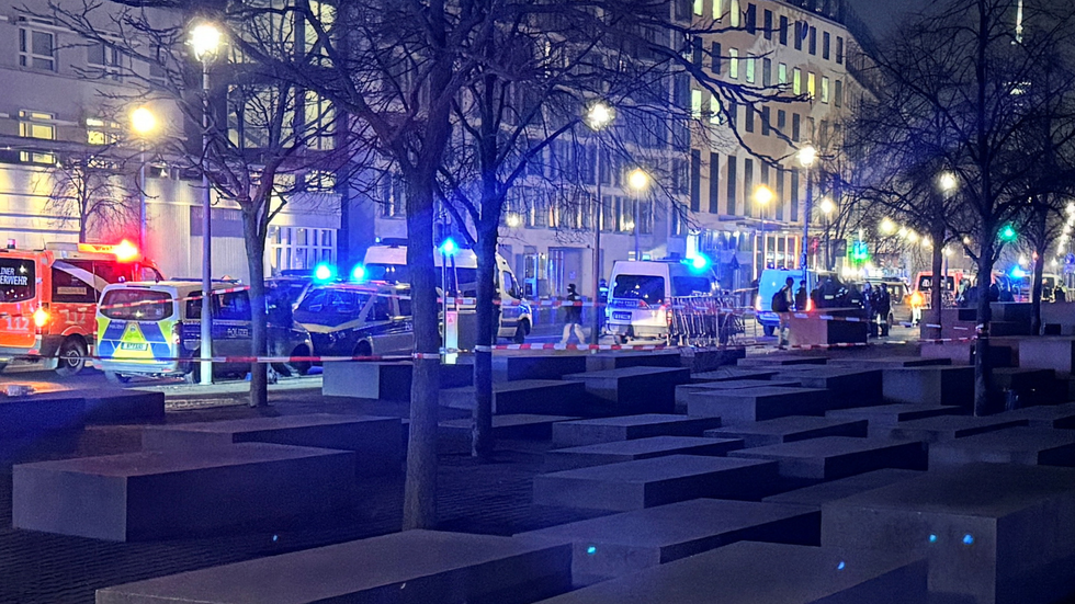 Emergency vehicles at Holocaust memorial